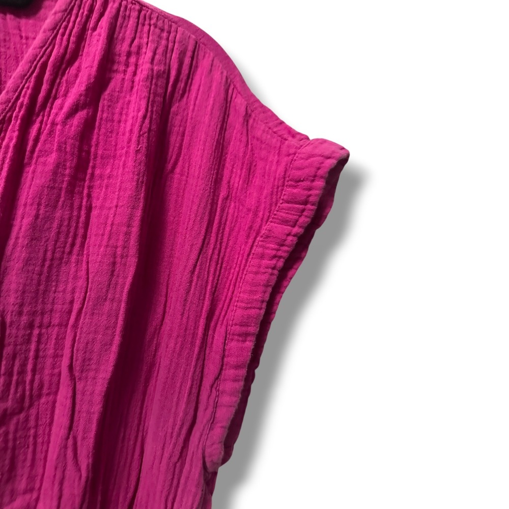 Gap Crinkle Gauze Tiered V-Neck Dress Cotton Pockets Fuschia Pink L - Picture 5 of 11